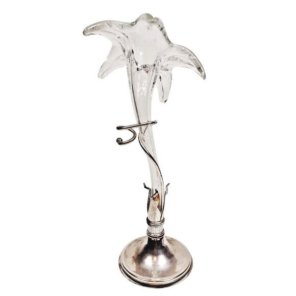 Vintage Oneida Hand Blown Art Glass on Silverplate Base Bud Vase 15" Amaryllis - Picture 1 of 9